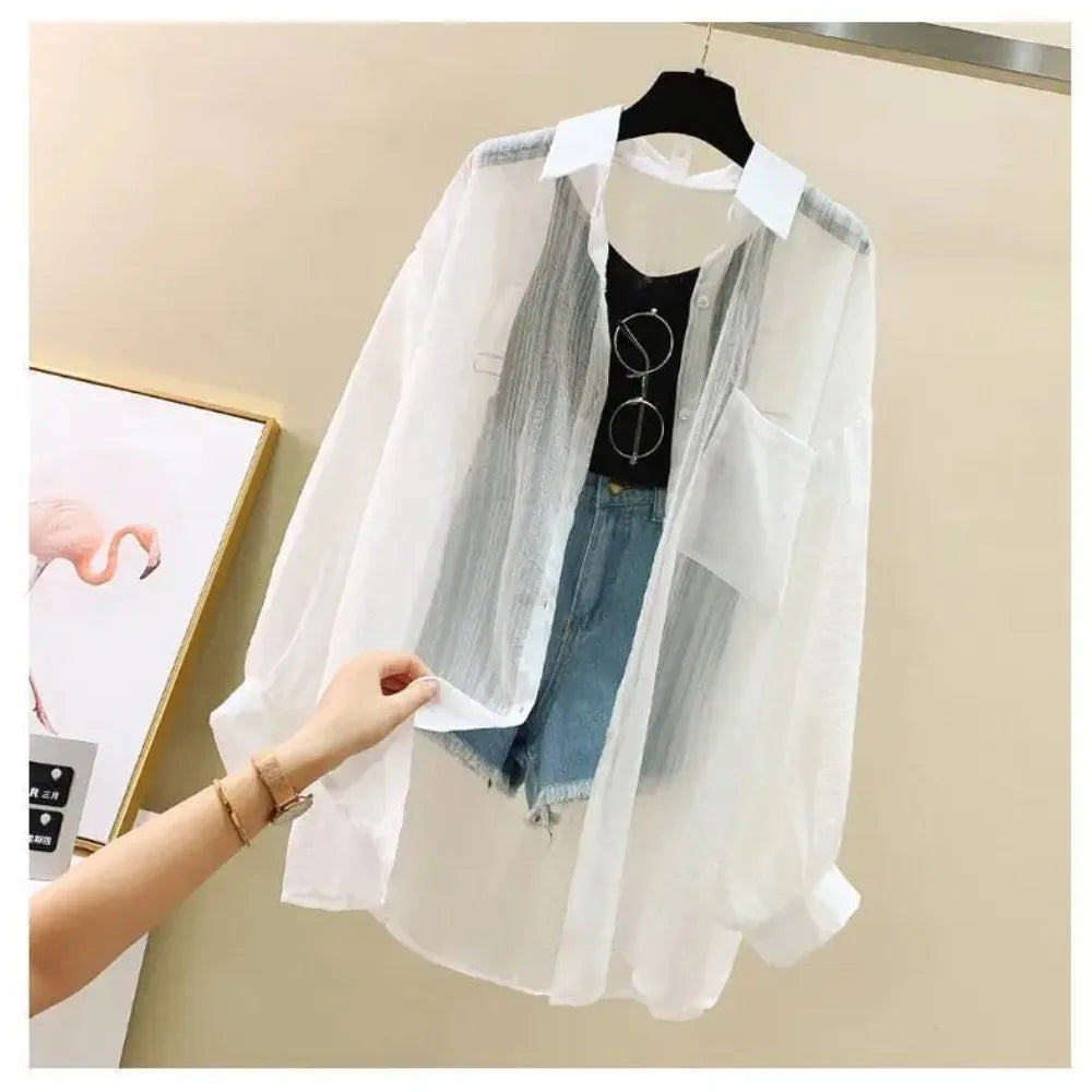 Summer Sunscreen Shirt Elegant Perspective Thin Chiffon Blouse Korean Harajuku See Through Loose Top Casual Women's Cardigan