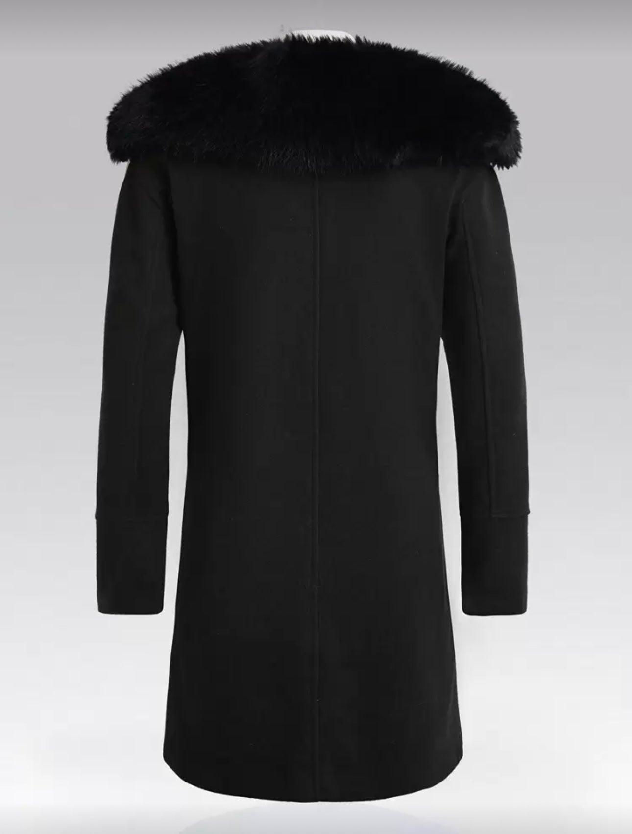 Men’s Double-Breasted Wool Coat with Faux Fur Collar – Black