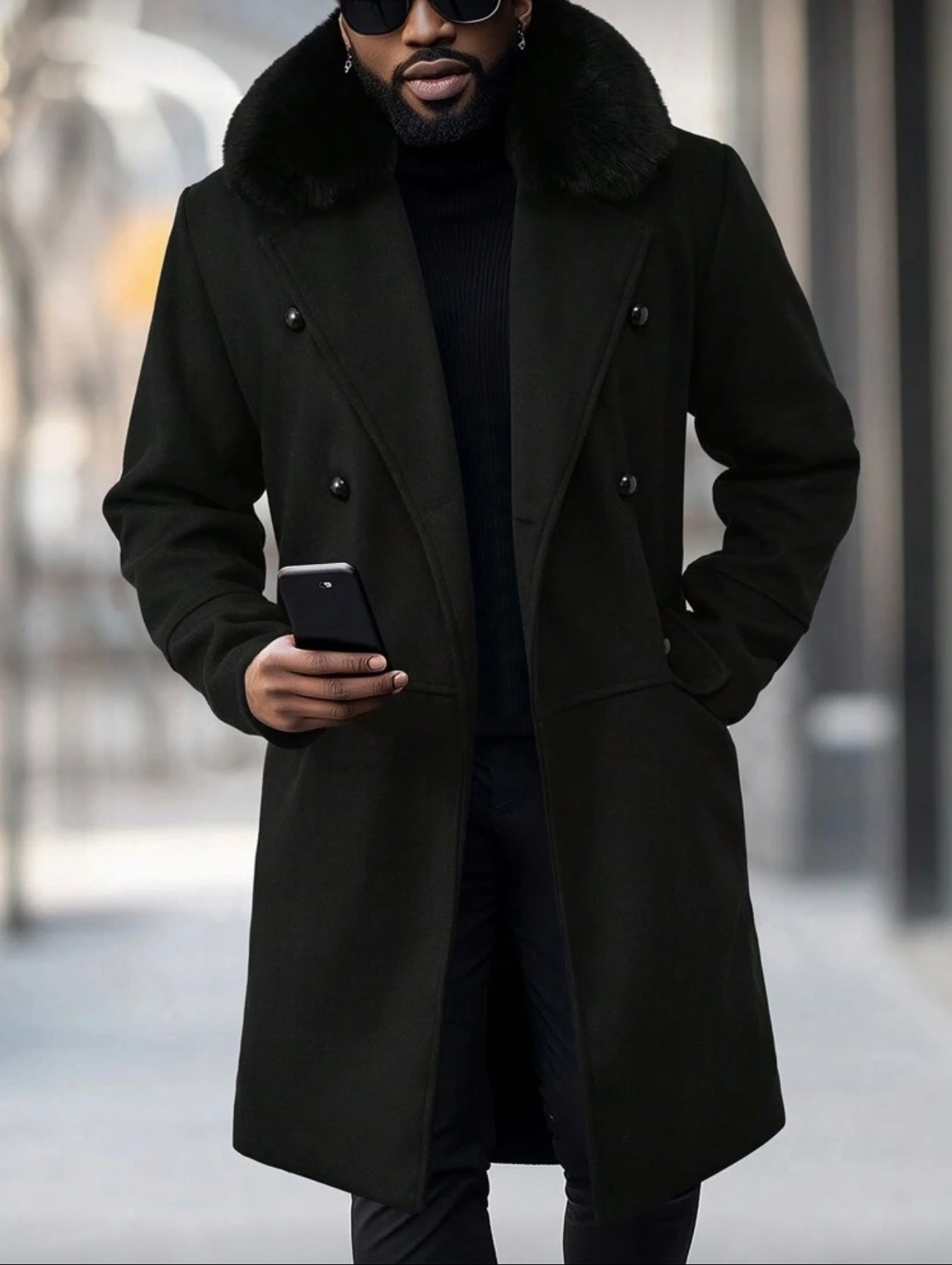 Men’s Double-Breasted Wool Coat with Faux Fur Collar – Black