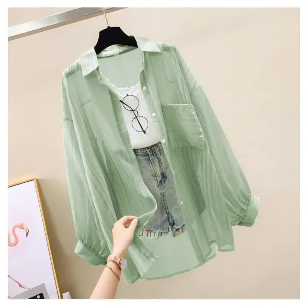 Summer Sunscreen Shirt Elegant Perspective Thin Chiffon Blouse Korean Harajuku See Through Loose Top Casual Women's Cardigan