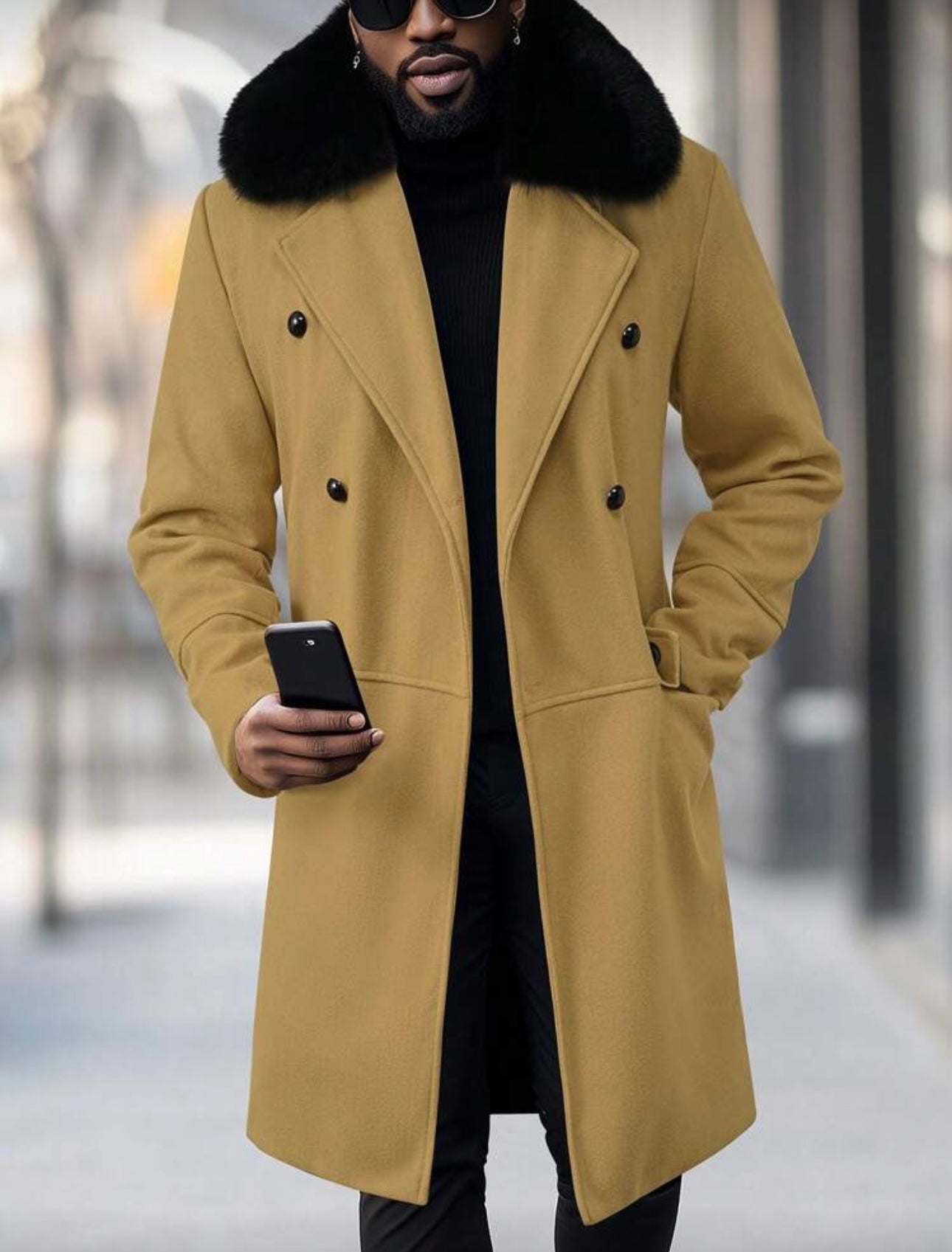 Men’s Wool-Blend Double-Breasted Overcoat with Faux-Fur Collar – Camel