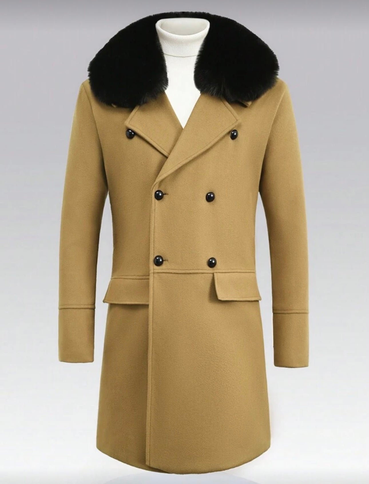 Men’s Wool-Blend Double-Breasted Overcoat with Faux-Fur Collar – Camel