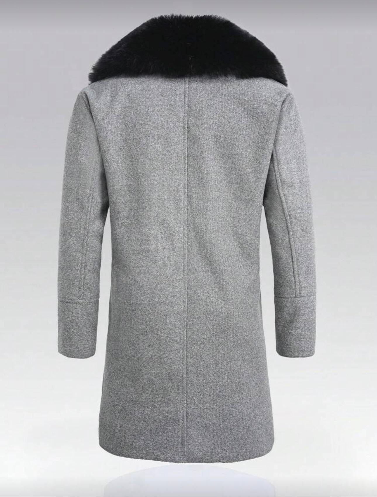 Men’s Double-Breasted Wool Coat with Faux Fur Collar – Light Grey