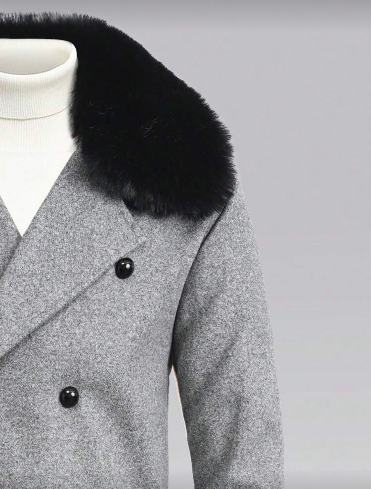Men’s Double-Breasted Wool Coat with Faux Fur Collar – Light Grey
