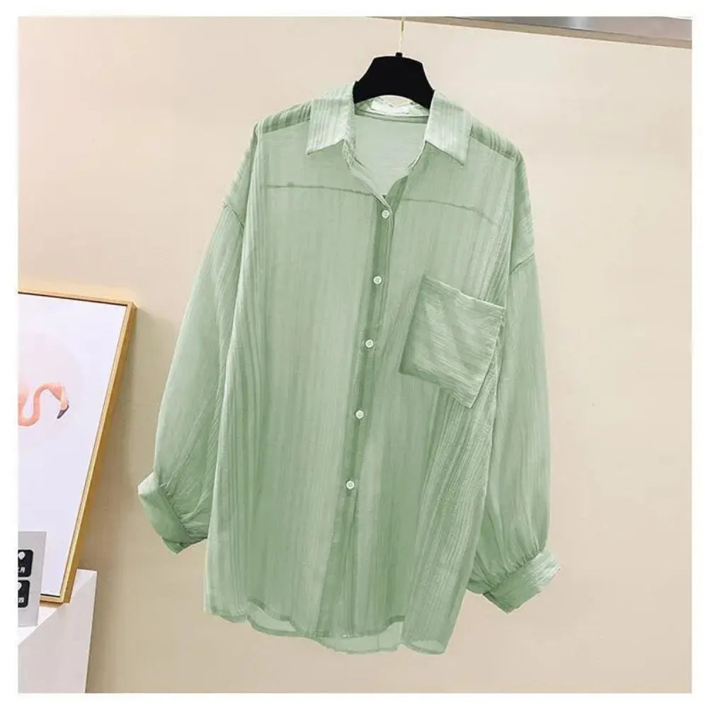 Summer Sunscreen Shirt Elegant Perspective Thin Chiffon Blouse Korean Harajuku See Through Loose Top Casual Women's Cardigan