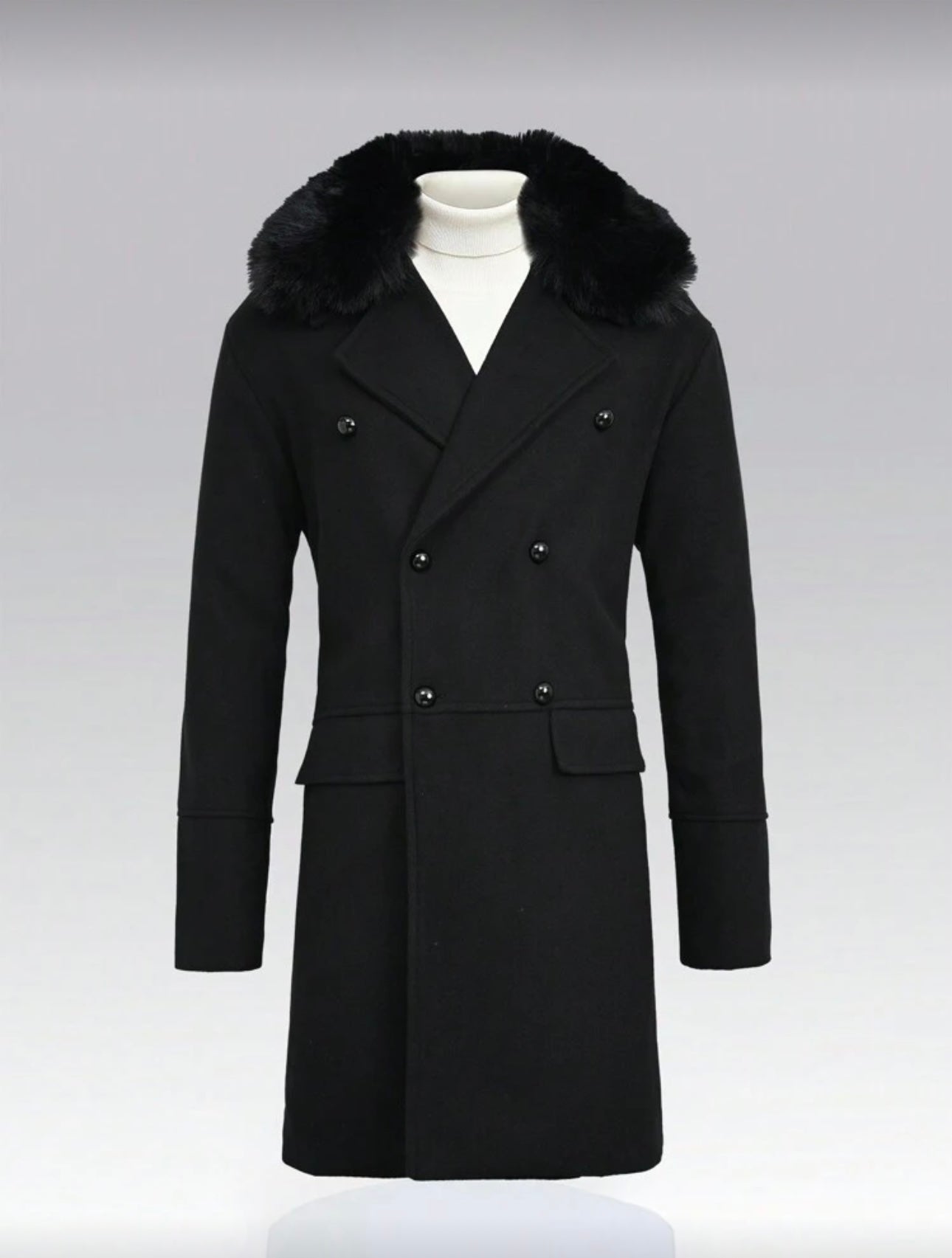 Men’s Double-Breasted Wool Coat with Faux Fur Collar – Black