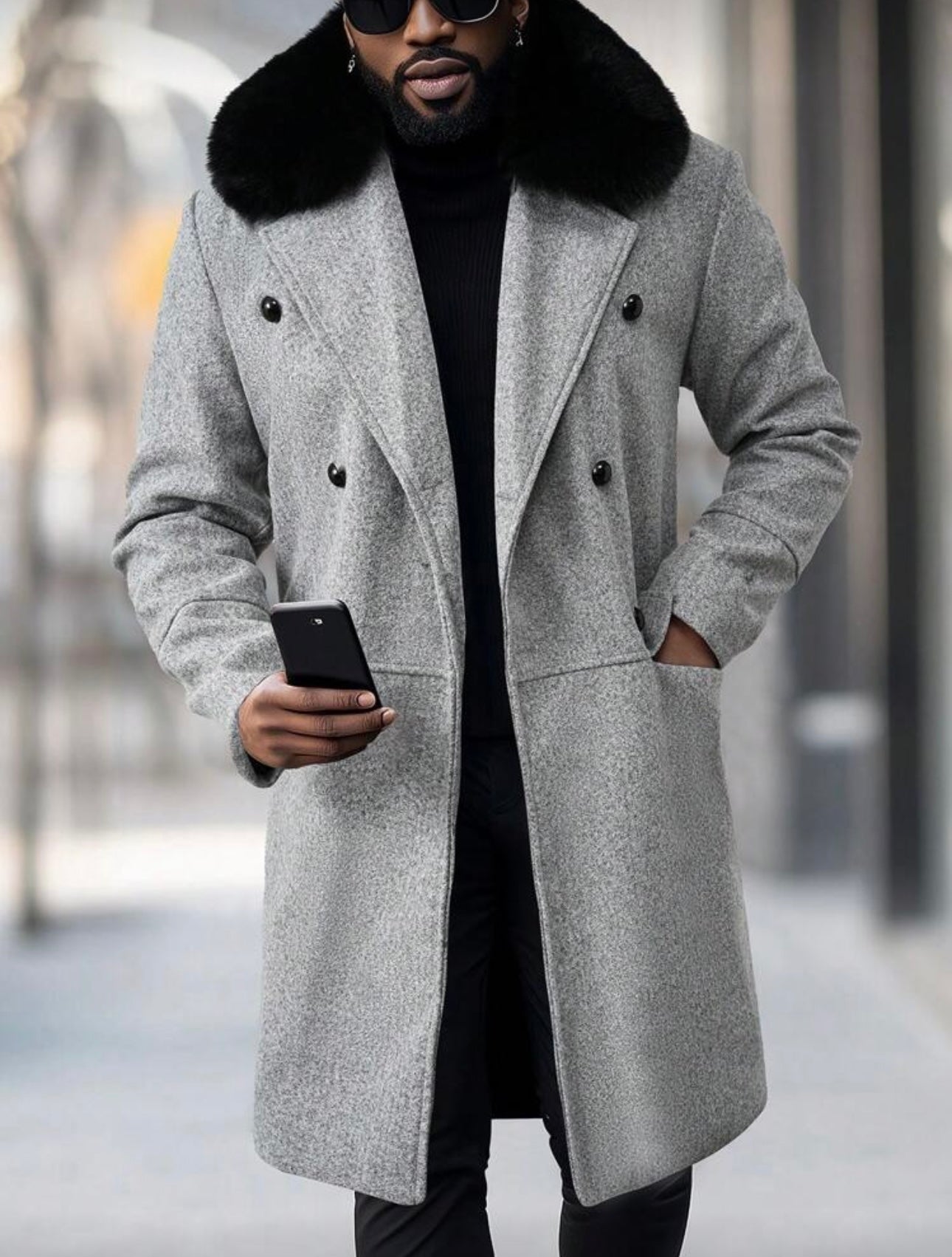 Men’s Double-Breasted Wool Coat with Faux Fur Collar – Light Grey