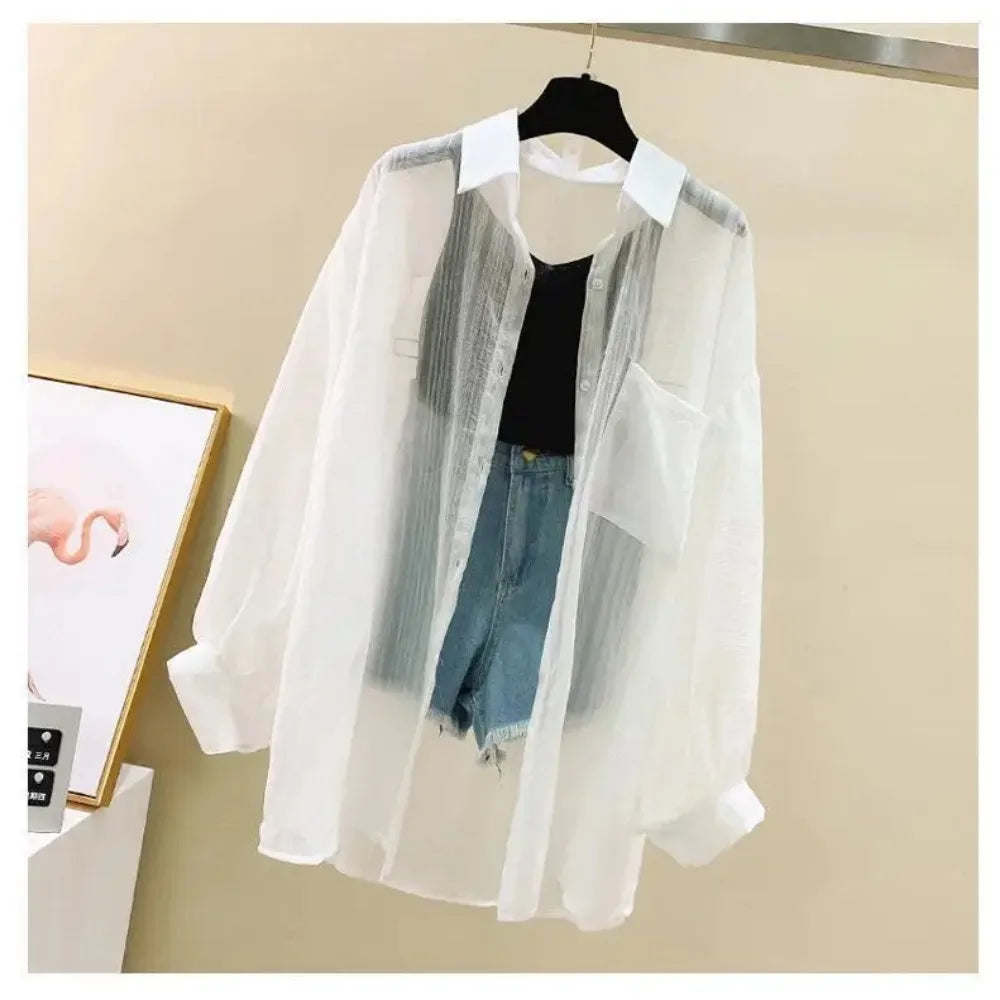 Summer Sunscreen Shirt Elegant Perspective Thin Chiffon Blouse Korean Harajuku See Through Loose Top Casual Women's Cardigan