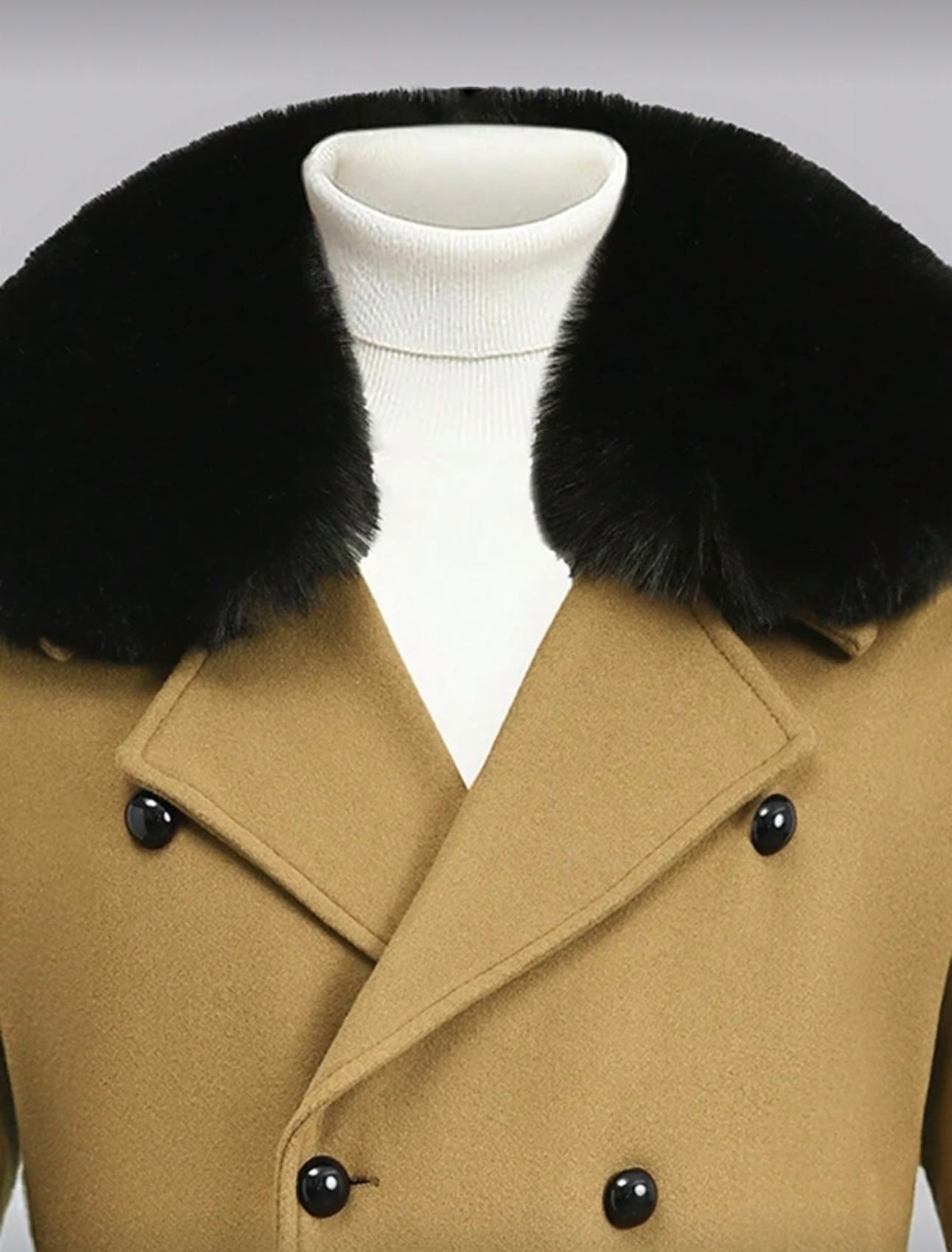 Men’s Wool-Blend Double-Breasted Overcoat with Faux-Fur Collar – Camel