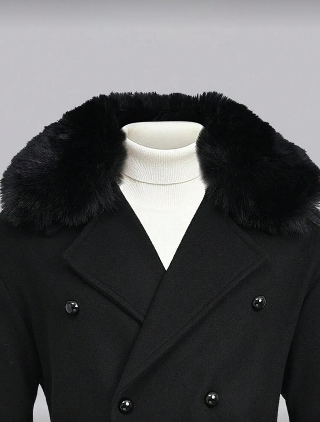 Men’s Double-Breasted Wool Coat with Faux Fur Collar – Black