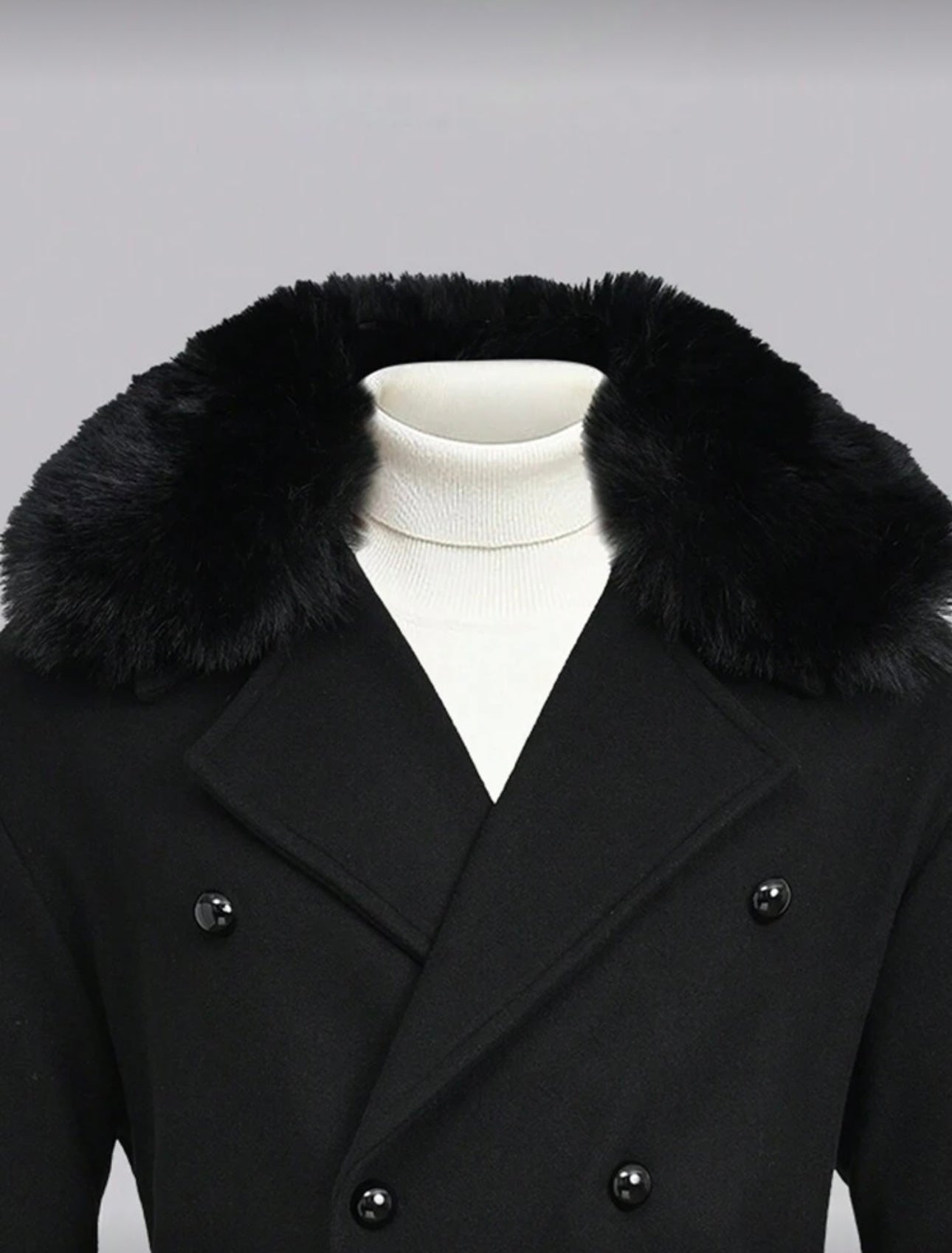 Men’s Double-Breasted Wool Coat with Faux Fur Collar – Black