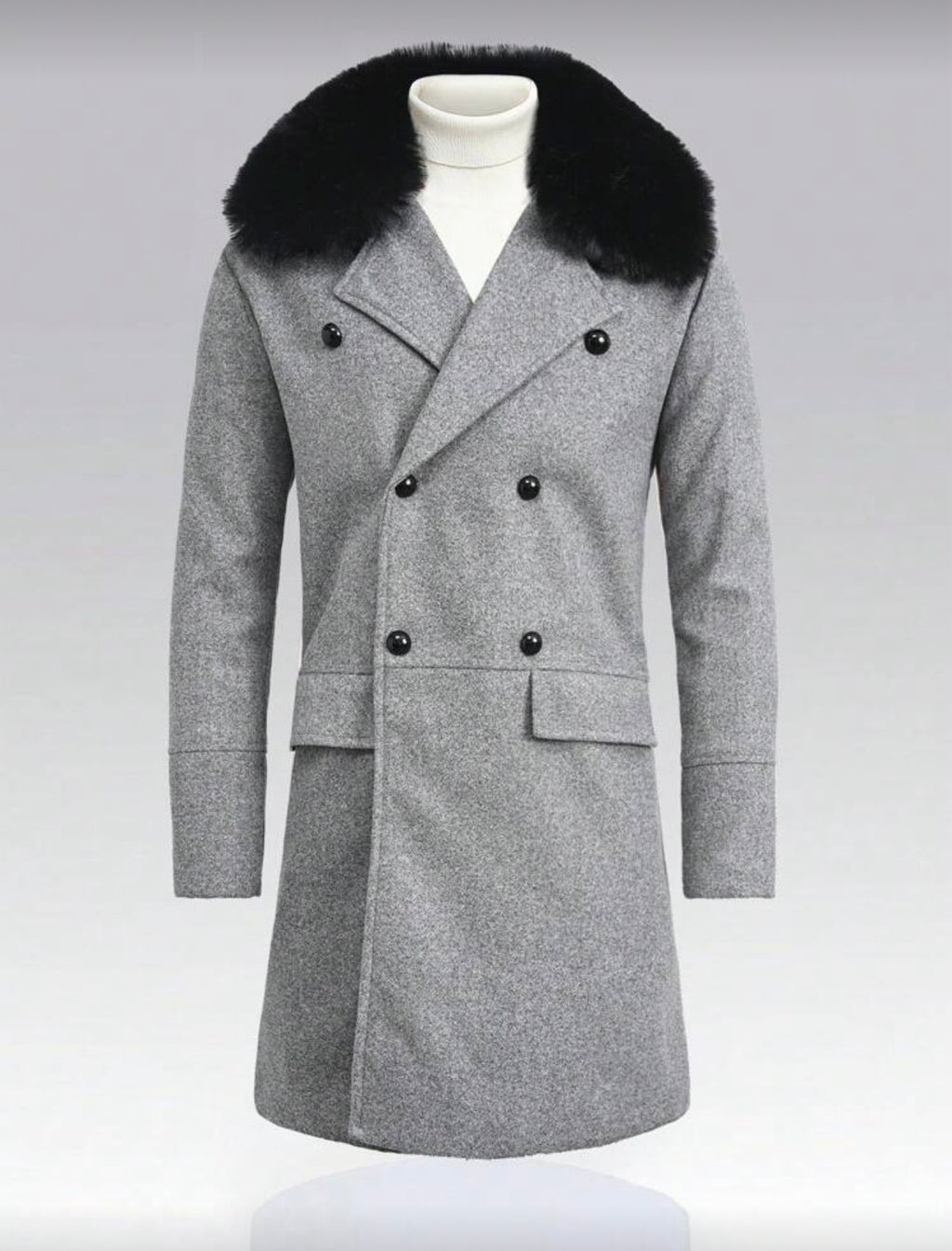 Men’s Double-Breasted Wool Coat with Faux Fur Collar – Light Grey