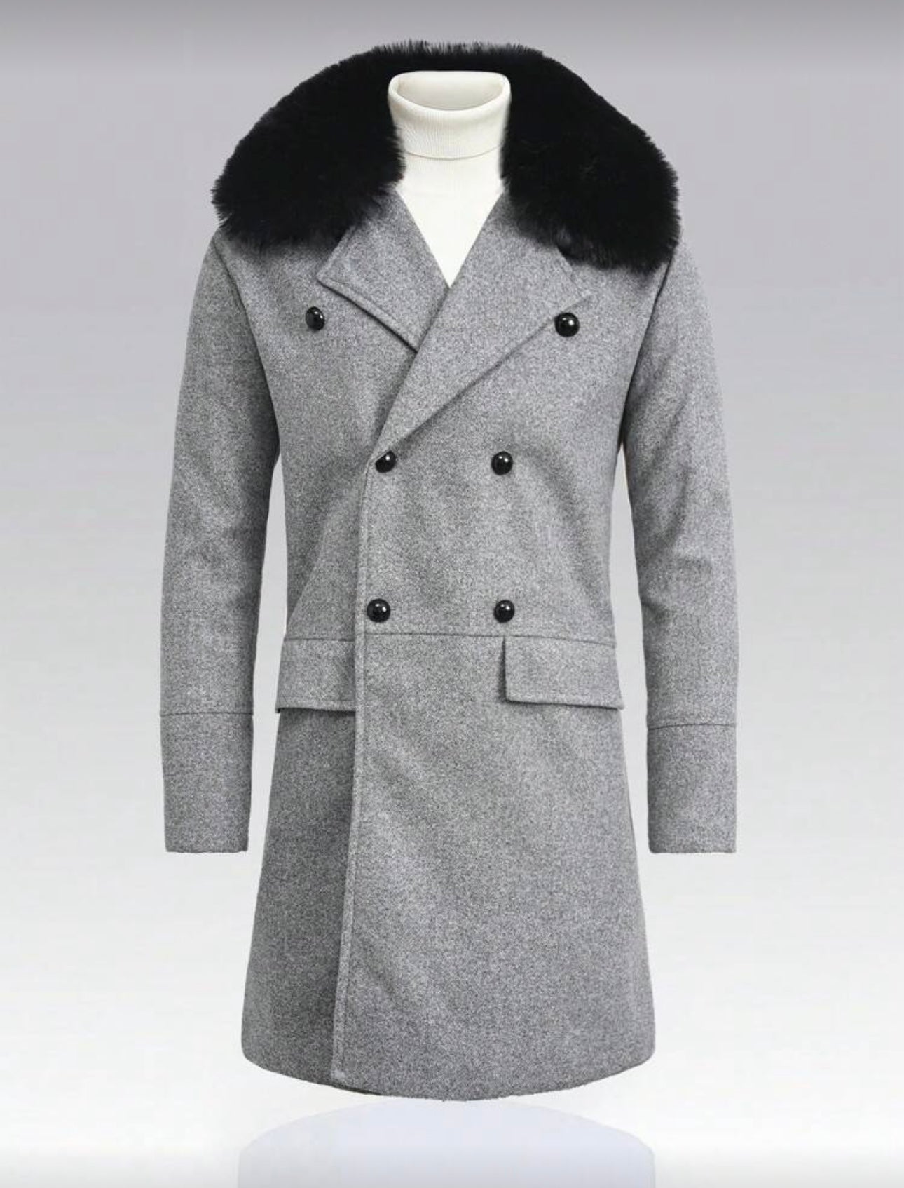 Men’s Double-Breasted Wool Coat with Faux Fur Collar – Light Grey
