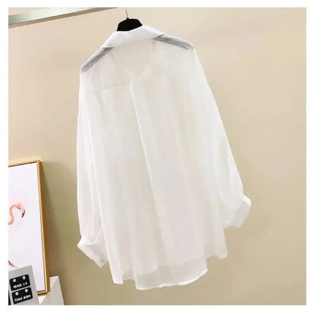 Summer Sunscreen Shirt Elegant Perspective Thin Chiffon Blouse Korean Harajuku See Through Loose Top Casual Women's Cardigan