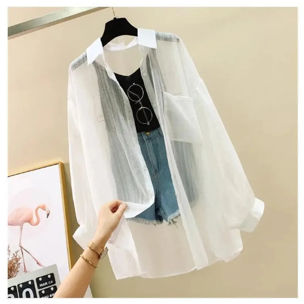 Summer Sunscreen Shirt Elegant Perspective Thin Chiffon Blouse Korean Harajuku See Through Loose Top Casual Women's Cardigan